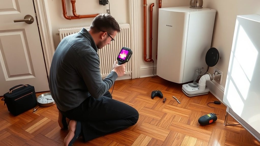 Engineer locating central heating leak using thermal imaging in Hampton